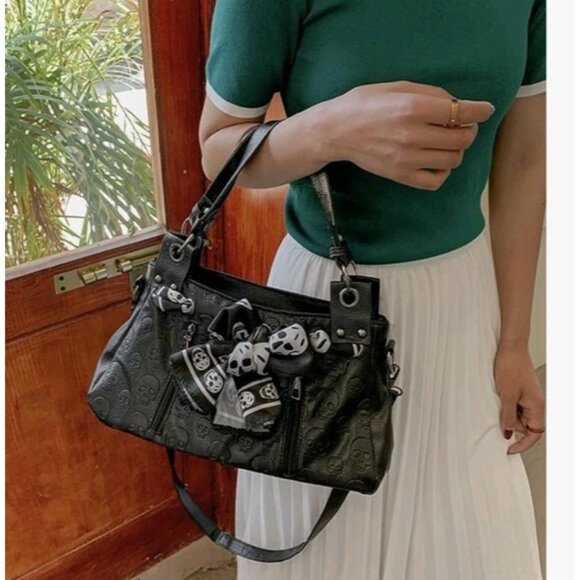 Skull Handbag Gothic Satchel Shoulder Crossbody Bag Black Purse Scarf Halloween - Picture 9 of 16